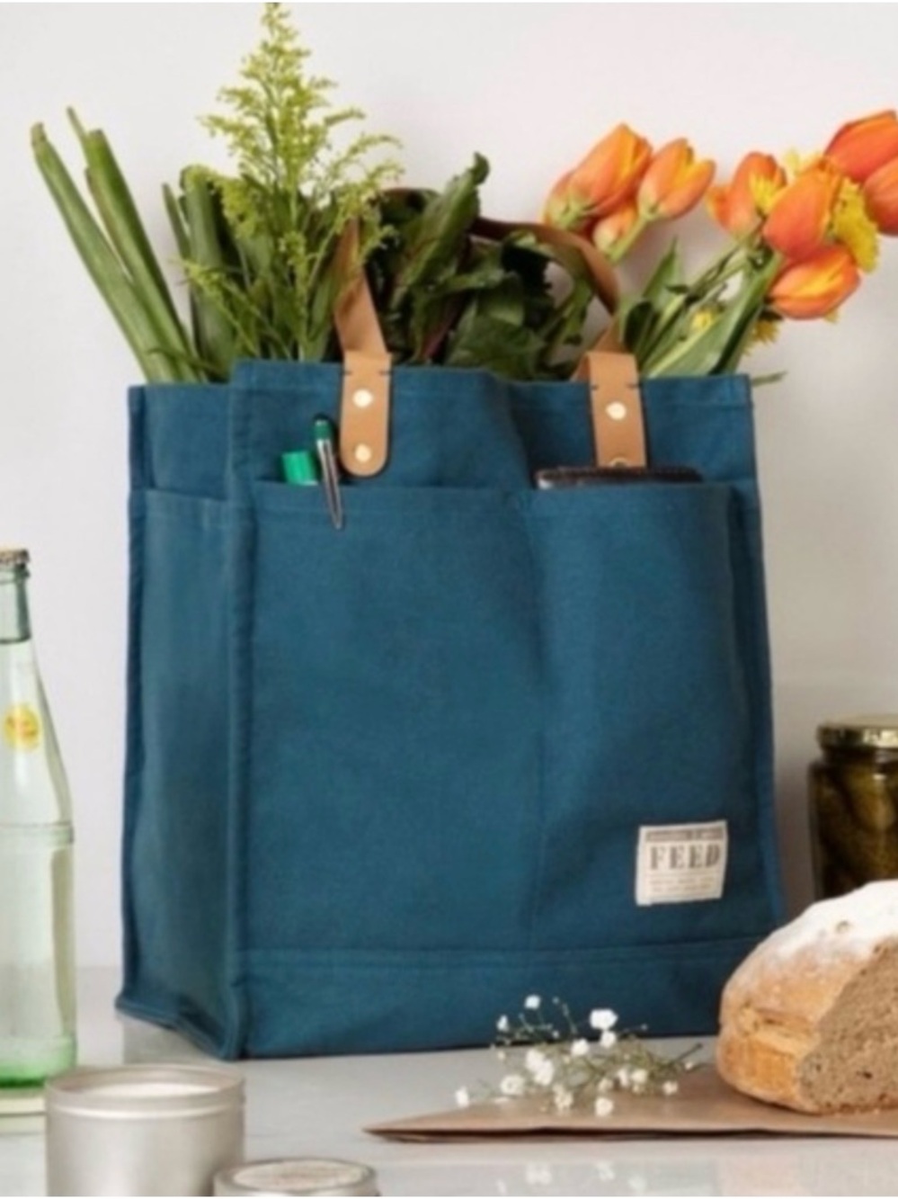 EUC Feed Projects Canvas Market Tote with Leather Straps